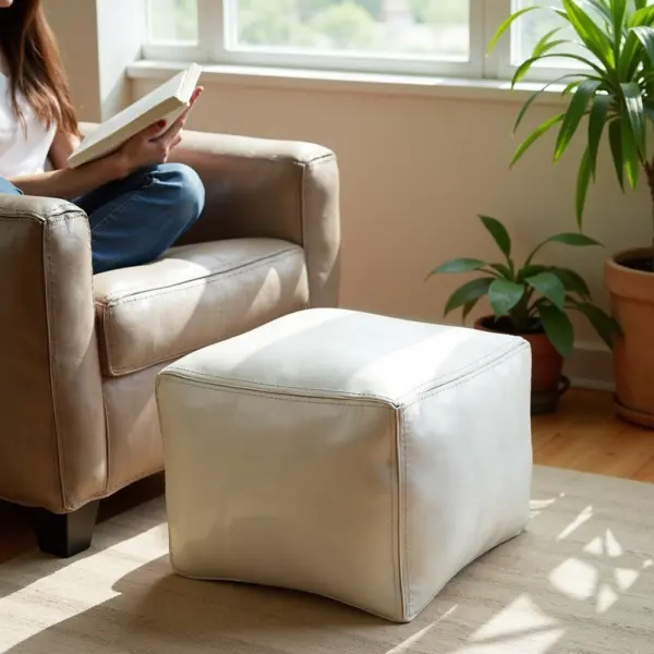 White Square Leather Pouf – Modern Moroccan Handcrafted Ottoman (16″ × 16″ × 15″)
