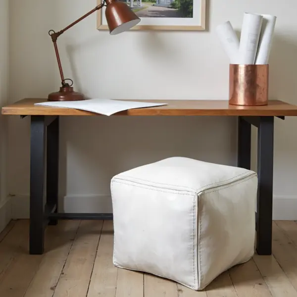 White Square Leather Pouf – Modern Moroccan Handcrafted Ottoman (16″ × 16″ × 15″)