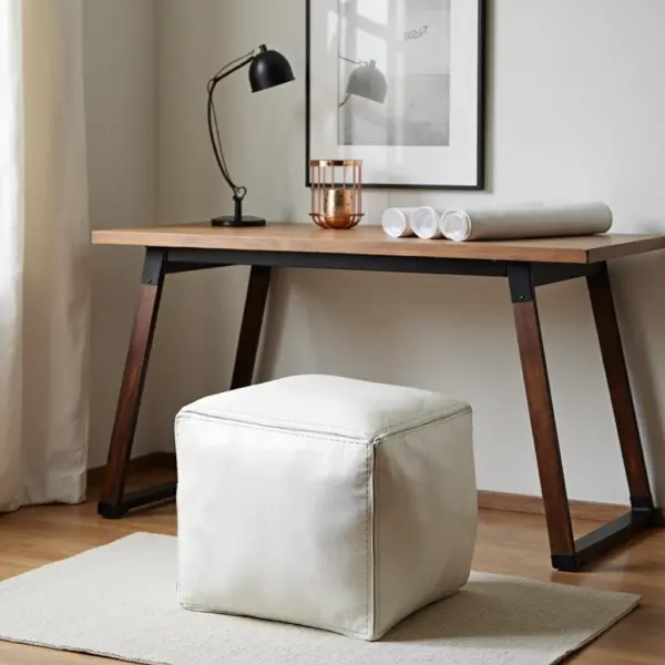White Square Leather Pouf – Modern Moroccan Handcrafted Ottoman (16″ × 16″ × 15″)