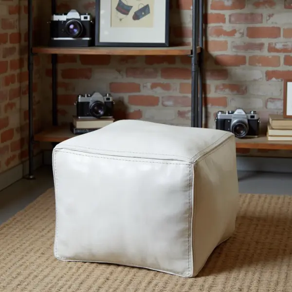 White Square Leather Pouf – Modern Moroccan Handcrafted Ottoman (16″ × 16″ × 15″)