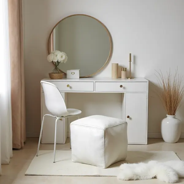 White Square Leather Pouf – Modern Moroccan Handcrafted Ottoman (16″ × 16″ × 15″)