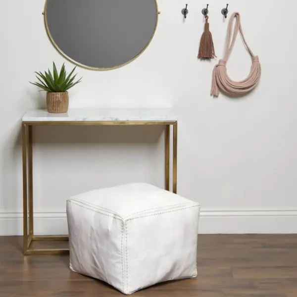 White Square Leather Pouf – Modern Moroccan Handcrafted Ottoman (16″ × 16″ × 15″)