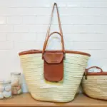 Moroccan Straw Beach Bag – Handwoven Natural Tote with Leather Pocket & Straps (11.5″ × 17.7″)