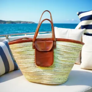 Moroccan Straw Beach Bag – Handwoven Natural Tote with Leather Pocket & Straps (11.5″ × 17.7″)