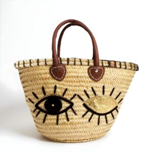 Winking Eye Straw Tote Bag – Handwoven Sequin Beach Basket with Leather Handles