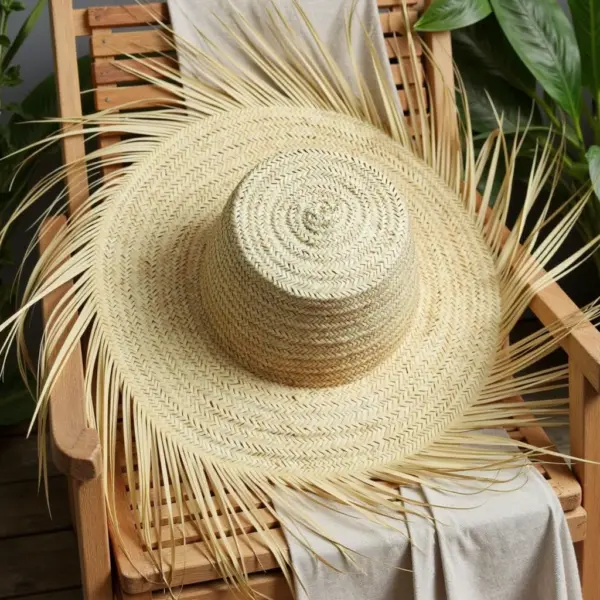 Artisanal Fringe Summer Straw Hat – Handwoven Wide Brim Sun Hat (26″)