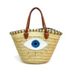 Moroccan Evil Eye Woven Beach Bag – Handcrafted Straw Tote with Leather Handles (11.5″ × 17.7″)
