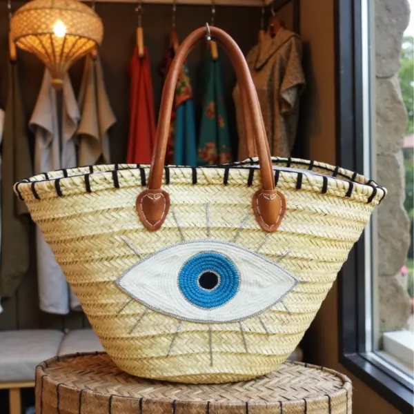 Moroccan Evil Eye Woven Beach Bag – Handcrafted Straw Tote with Leather Handles (11.5″ × 17.7″)