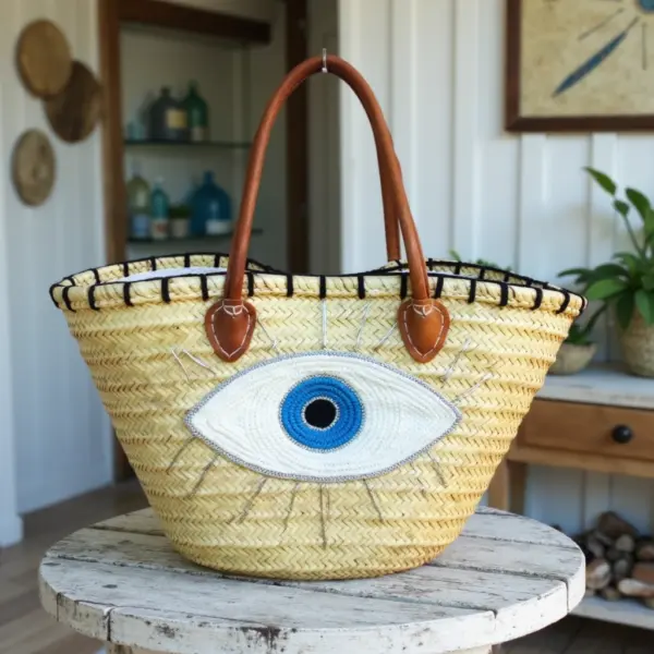 Moroccan Evil Eye Woven Beach Bag – Handcrafted Straw Tote with Leather Handles (11.5″ × 17.7″)