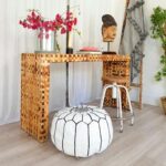 White Moroccan Leather Pouf – Handcrafted Ottoman with Custom Stitching (20″ × 12″)