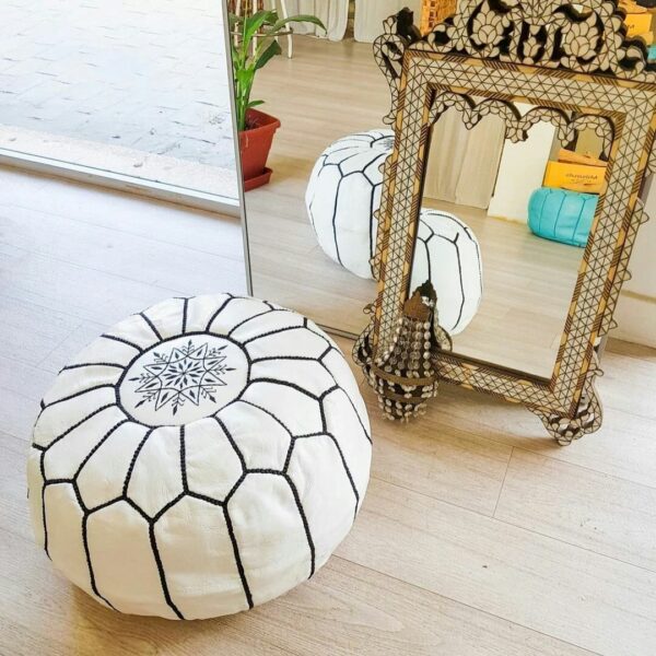 White Moroccan Leather Pouf – Handcrafted Ottoman with Custom Stitching (20″ × 12″)