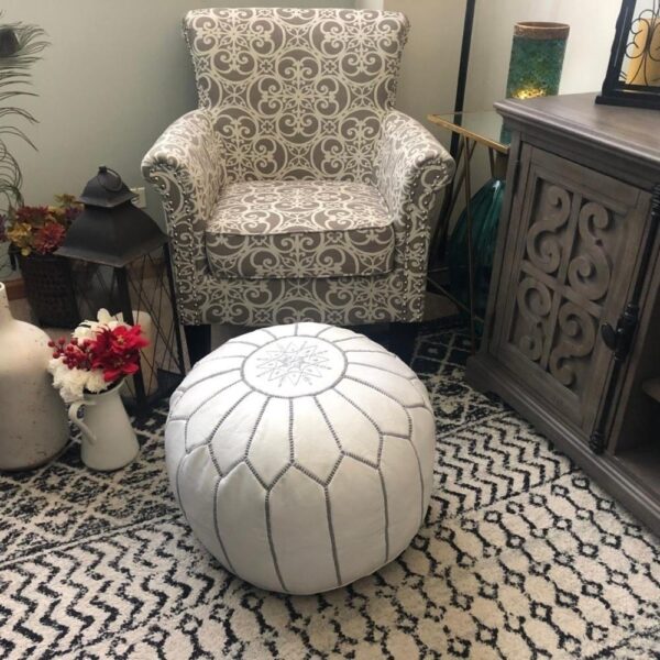 White Moroccan Leather Pouf – Handcrafted Ottoman with Custom Stitching (20″ × 12″)