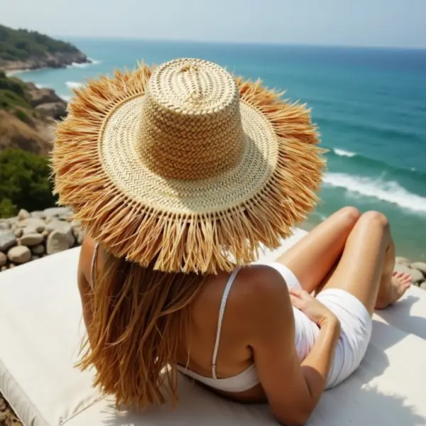 Handwoven Fringe Garden Hat – Natural Straw Sun Hat with Wide Brim (26″ Diameter)
