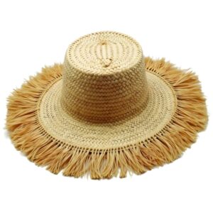 Handwoven Fringe Garden Hat – Natural Straw Sun Hat with Wide Brim (26″ Diameter)