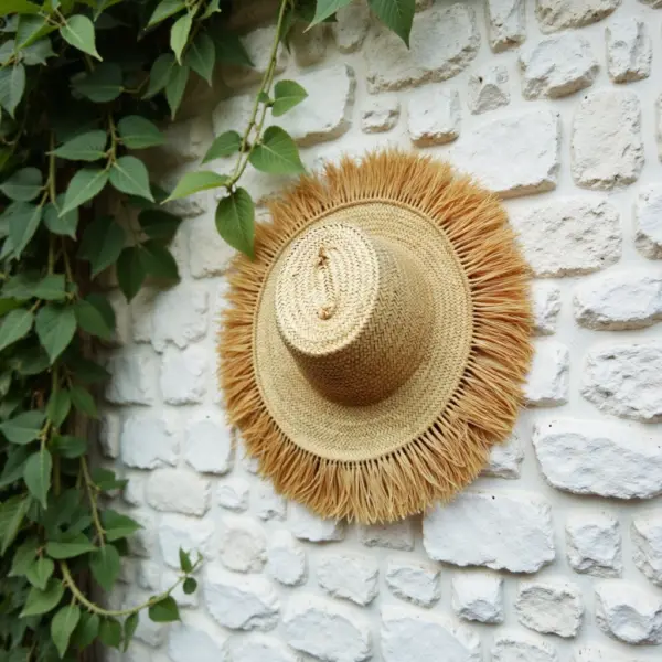 Handwoven Fringe Garden Hat – Natural Straw Sun Hat with Wide Brim (26″ Diameter)