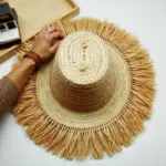 Handwoven Fringe Garden Hat – Natural Straw Sun Hat with Wide Brim (26″ Diameter)