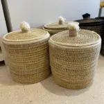 Large Handwoven Storage Basket with Pom Poms – 40×40cm