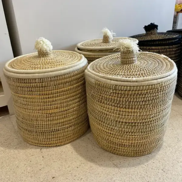 Large Handwoven Storage Basket with Pom Poms – 40×40cm