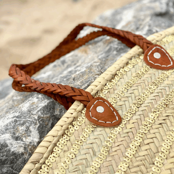 Handwoven Sequin Straw Basket – Eco-Friendly Tote with Leath