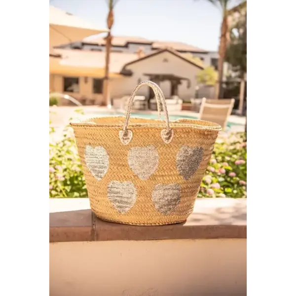 Large Handwoven Straw Tote with Silver Sequin Hearts