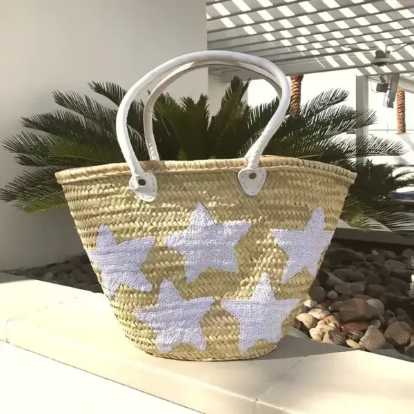 Large Handwoven Straw Tote with White Sequin Stars