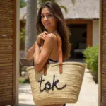 Personalized Moroccan Straw Beach Basket – Custom Embroidered Tote with Leather Handles (11.5″ × 17.7″)