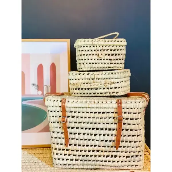 Palm Leaf Chest – Handwoven Moroccan Storage Trunk with Leather Handles