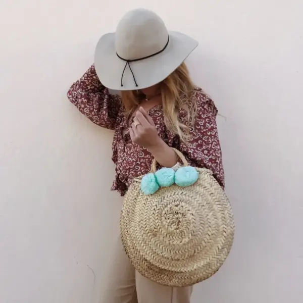 Handwoven Mint Pom Pom Beach Basket – Moroccan Straw Tote