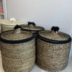 Large Handwoven Storage Basket with Pom Poms – 40×40cm