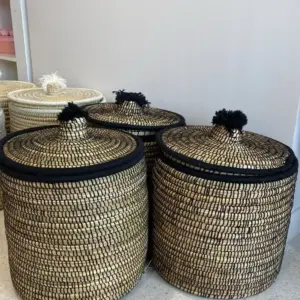 Large Handwoven Storage Basket with Pom Poms – 40×40cm