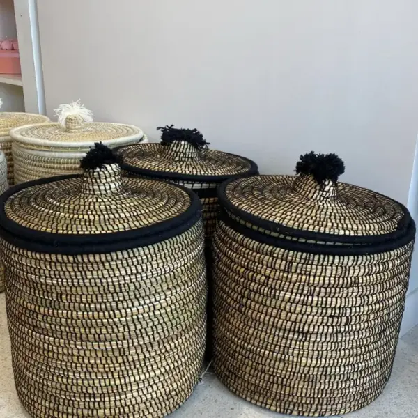 Large Handwoven Storage Basket with Pom Poms – 40×40cm