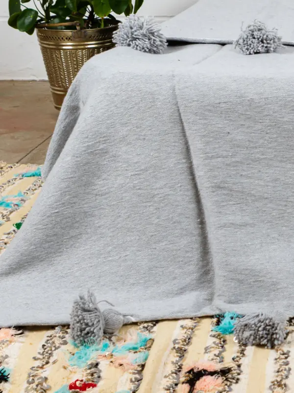 Pom Pom Wool Throw Blanket – Handwoven Moroccan Blanket
