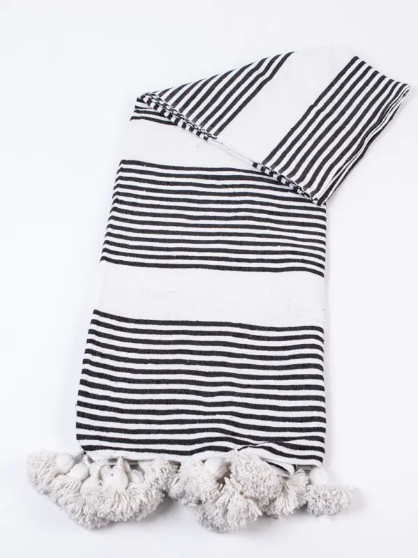 Pom Pom Wool Throw Blanket – Handwoven Moroccan Blanket