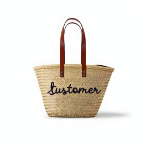 Personalized Moroccan Straw Beach Basket – Custom Embroidered Tote with Leather Handles (11.5″ × 17.7″)