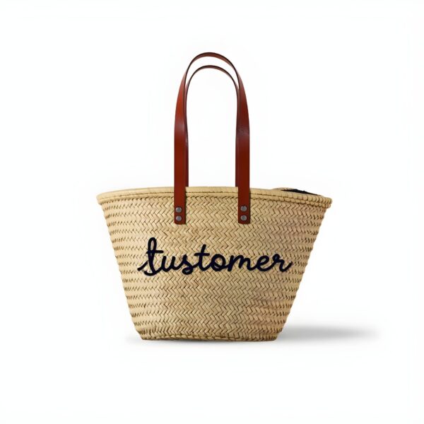 Personalized Moroccan Straw Beach Basket – Custom Embroidered Tote with Leather Handles (11.5″ × 17.7″)