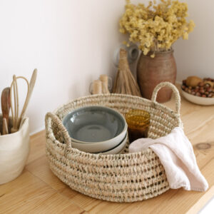 Round Palm Leaf Basket with Handles – Moroccan Handwoven