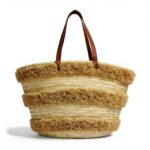 Moroccan Striped Straw Beach Tote – Handwoven Raffia Summer Bag with Leather Handles (13.5″ × 17.7″)