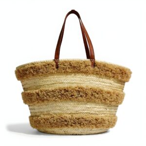 Moroccan Striped Straw Beach Tote – Handwoven Raffia Summer Bag with Leather Handles (13.5″ × 17.7″)