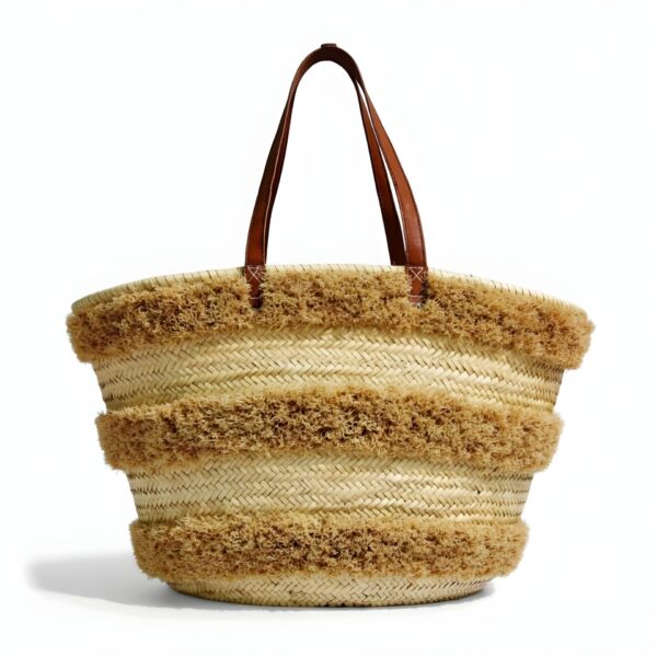 Moroccan Striped Straw Beach Tote – Handwoven Raffia Summer Bag with Leather Handles (13.5″ × 17.7″)