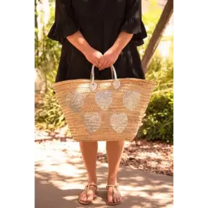Large Handwoven Straw Tote with Silver Sequin Hearts
