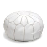 White Moroccan Leather Pouf – Handcrafted Round Ottoman (21″ × 12″)