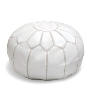 White Moroccan Leather Pouf – Handcrafted Round Ottoman (21″ × 12″)