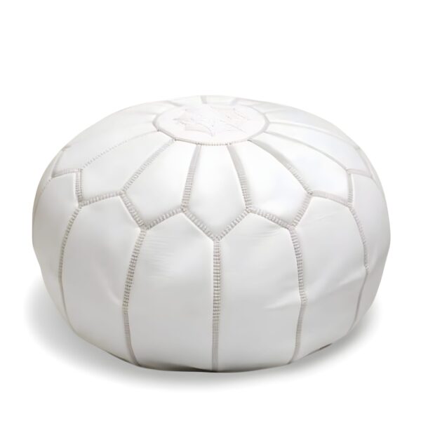 White Moroccan Leather Pouf – Handcrafted Round Ottoman (21″ × 12″)