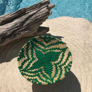 Handmade Berber Basket Tray – Woven Straw and Green Wool, 29