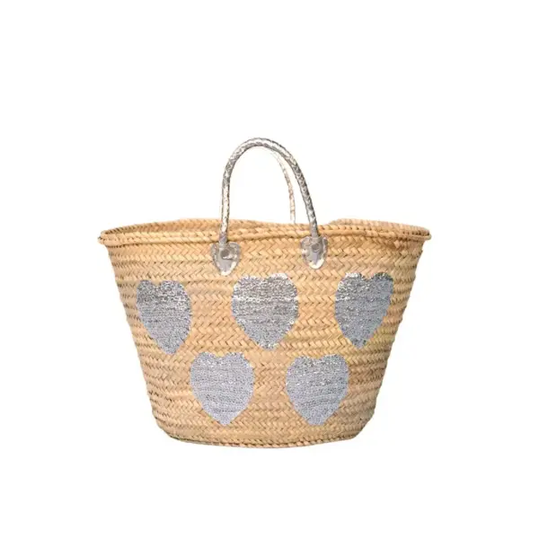 Large Handwoven Straw Tote with Silver Sequin Hearts