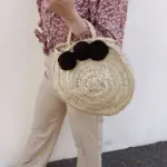 Handwoven Brown Pom Pom Beach Basket – Moroccan Straw Tote