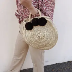 Handwoven Brown Pom Pom Beach Basket – Moroccan Straw Tote