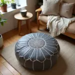 Gray Moroccan Leather Pouf – Handcrafted Round Ottoman (21″ × 12″)
