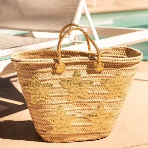 Handwoven Straw Tote with Gold Sequin Stars – Large Moroccan