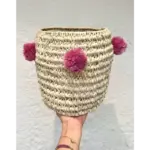 Handwoven Palm Leaf Basket with Colorful Wool Pom Poms